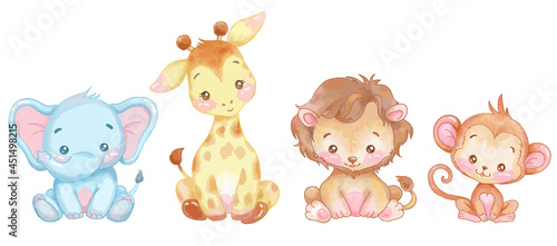 Set of jungle animals vector illustration. Watercolor painting.