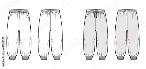 Shorts Sweatpants technical fashion illustration with low waist, drawstrings, calf length. Flat training joggers trousers apparel template front, back, white grey color. Women men unisex CAD mockup