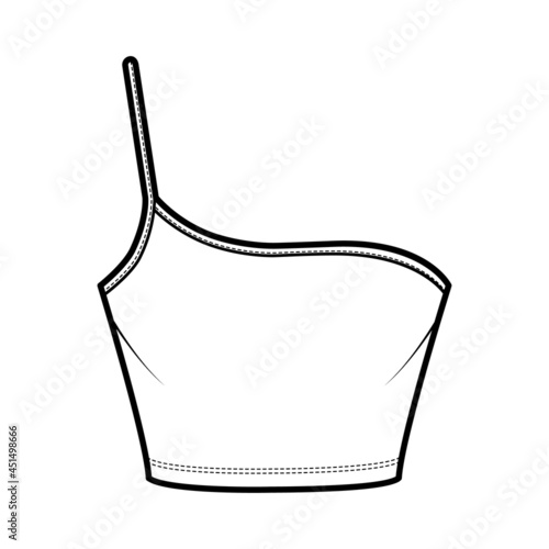 One shoulder camisole Bustier top technical fashion illustration with cropped length, spaghetti strap. Flat bra swimwear lingerie template front, white color style. Women unisex underwear CAD mockup