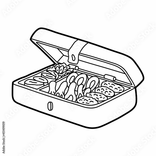 simple lunch box with food meal lineart vector illustration icon design template with doodle hand drawn style for education and coloring book