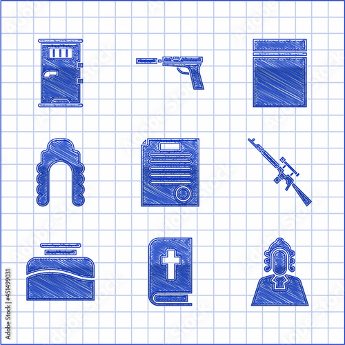 Set The arrest warrant, Holy bible book, Judge, Sniper rifle with scope, Inkwell, wig, Plastic bag ziplock and Prison cell door icon. Vector