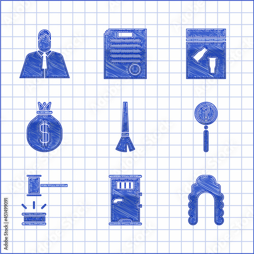 Set Paint brush, Prison cell door, Judge wig, Magnifying glass with search, gavel, Money bag, Evidence and bullet and Lawyer, attorney, jurist icon. Vector