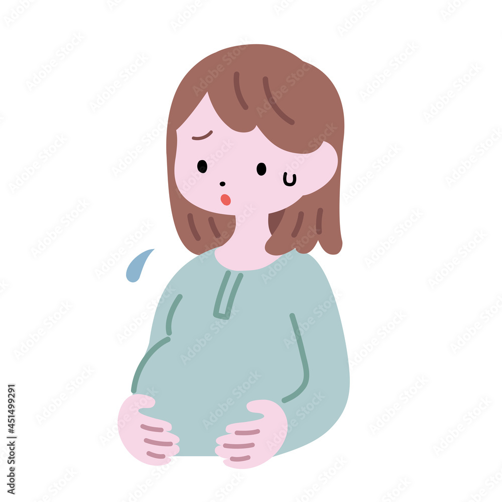 大きなお腹をさすり、心配する妊婦の女性 大きなお腹をさすり、心配する妊婦の女性