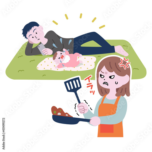 育児をせずスマホをいじる夫とイラつく妻