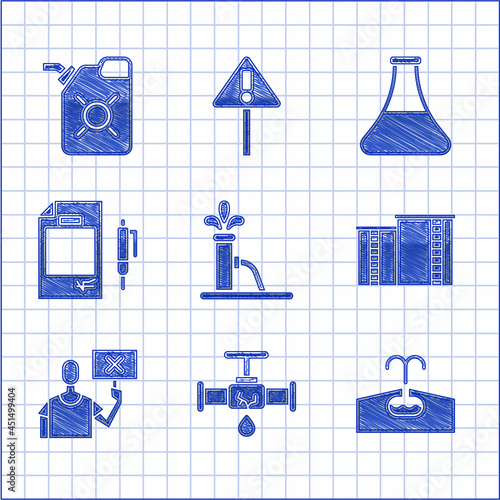 Set Oil pump or pump jack, Broken pipe with leaking water, Oilfield, industrial factory building, Nature saving protest, Contract money and pen, petrol tube and Canister for motor oil icon. Vector