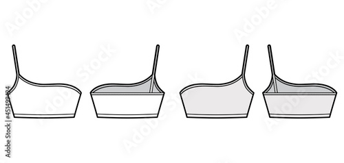 One shoulder bralette Bustier top technical fashion illustration with cropped length, spaghetti strap. Flat bra swimwear lingerie template front, back, white grey color. Women men underwear CAD mockup