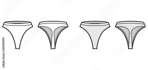 Thongs technical fashion illustration with high rise, elastic waistband, small hips coverage. Flat briefs lingerie template front, back, white, grey color style. Women men unisex underwear CAD mockup