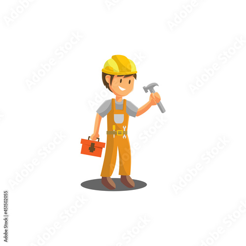 Repair man Holding Hammer worker Mechanic workshop emblem badge Mascot illustration