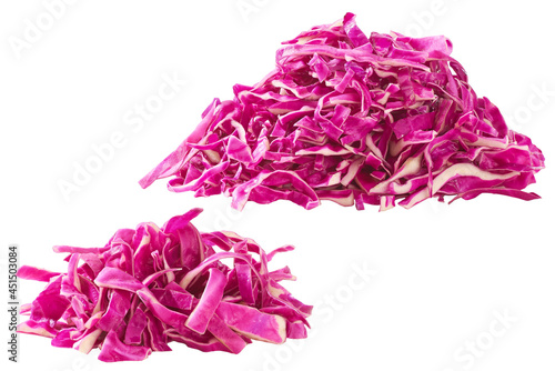 sliced of red cabbage isolated on white background. pile of cut red cabbage.