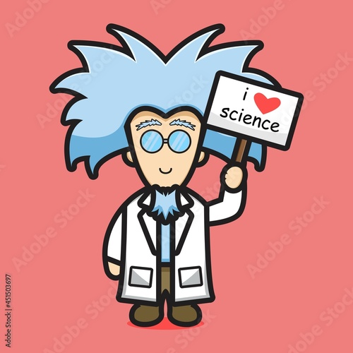 Cute scientist character love science cartoon vector icon illustration