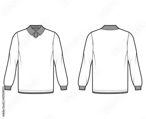 Shirt double technical fashion illustration with long sleeves, tunic length, henley neck, oversized, flat classic collar. Apparel top outwear template front, back, white color. Women men CAD mockup