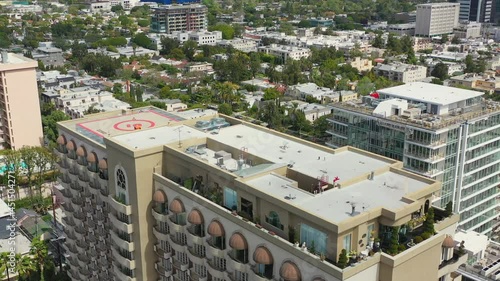 Aerial approach of high-rise apartment buildings in Beverly Hills