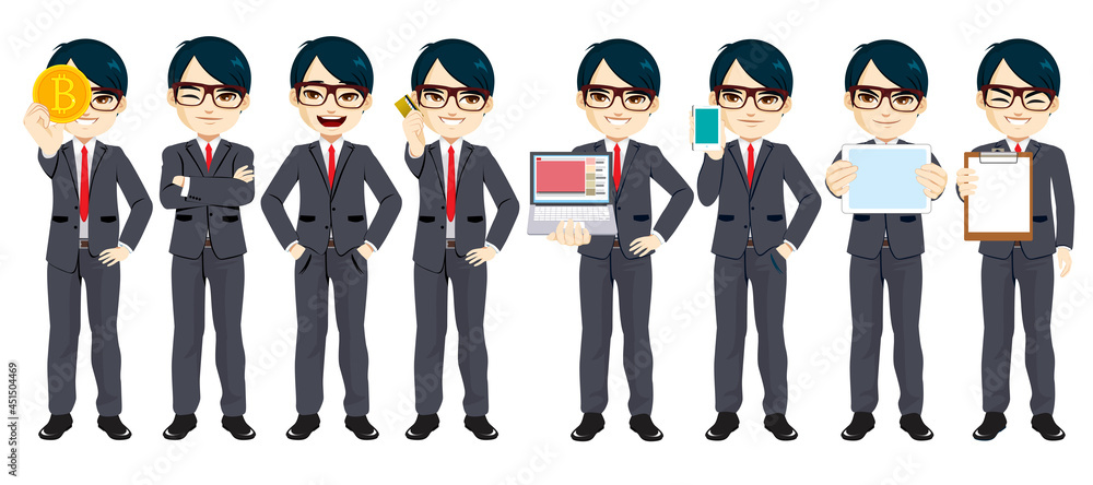 Asian businessman character set on different action poses and emotions