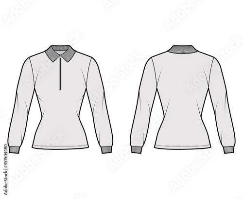 Shirt zip-up polo technical fashion illustration with long sleeves, tunic length, henley neck, fitted body, flat knit collar. Apparel top outwear template front, back, grey color. Women men CAD mockup