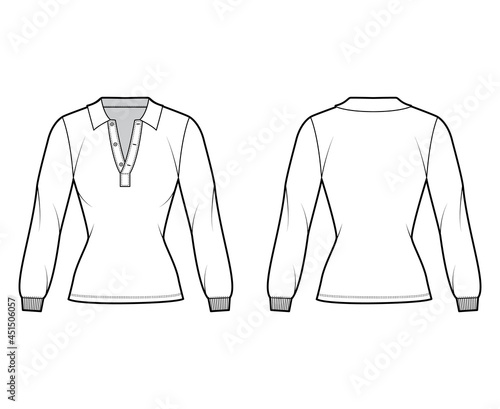 Shirt polo technical fashion illustration with long sleeves, tunic length, open henley neck, slim fit, flat collar. Apparel top outwear template front, back, white color style. Women men CAD mockup