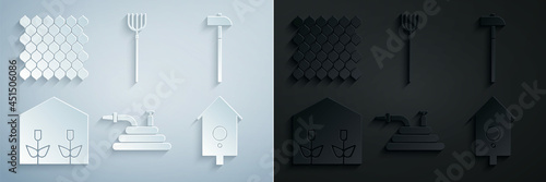 Set Garden hose or fire hose, Hammer, Home greenhouse and plants, Retro wall watch, pitchfork and fence wooden icon. Vector