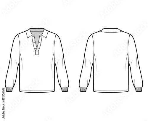 Wallpaper Mural Shirt polo technical fashion illustration with long sleeves, elastic cuff, henley open neck, oversized, flat collar. Apparel top outwear template front, back, white color style. Women, men, CAD mockup Torontodigital.ca
