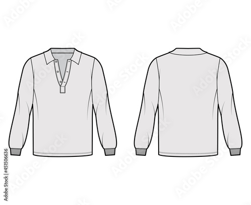 Wallpaper Mural Shirt polo technical fashion illustration with long sleeves, elastic cuff, henley open neck, oversized, flat collar. Apparel top template front, back, grey color style. Women, men, unisex CAD mockup Torontodigital.ca