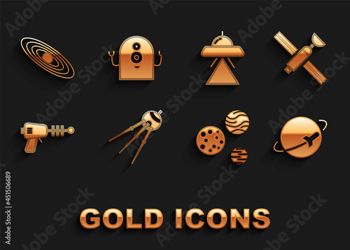 Set Satellite, Planet, Ray gun, UFO flying spaceship, and Alien icon. Vector