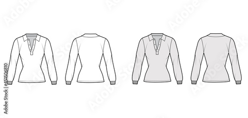 Shirt polo technical fashion illustration with long sleeves, tunic length, open henley neck, slim fit, flat collar. Apparel top outwear template front, back, white, grey color. Women men CAD mockup