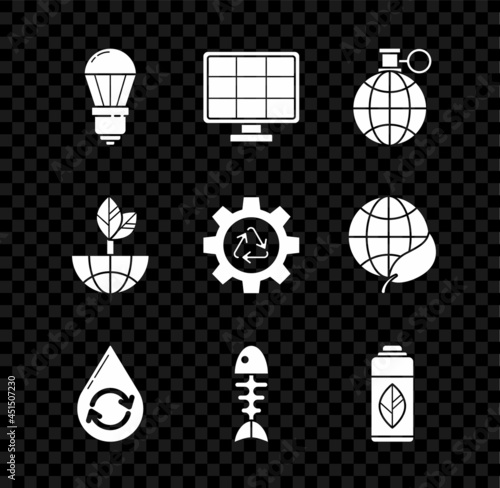 Set LED light bulb, Solar energy panel, Planet earth and recycling, Recycle clean aqua, Fish skeleton, Recycling plastic bottle, Earth globe leaf and symbol gear icon. Vector