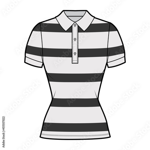 Shirt rugby stripes technical fashion illustration with short sleeves, tunic length,, fitted body, henley polo collar. Apparel outwear template front, grey color. Women, men, unisex CAD mockup
