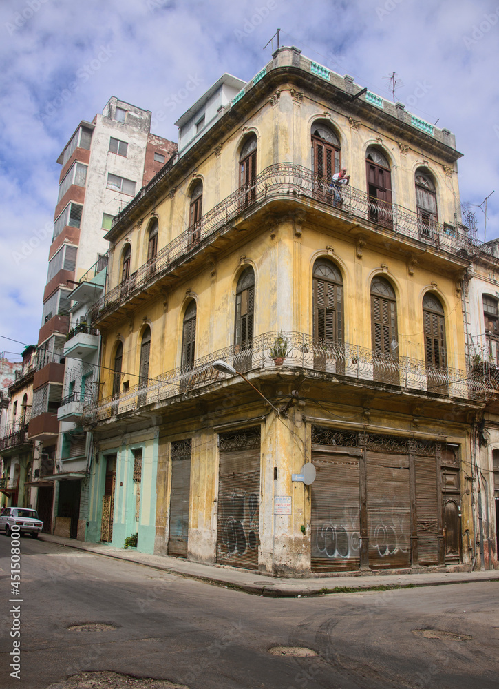Tenament life; crumbling, decaying colonial buildings in Havana Vieja, Havana, Cuba.