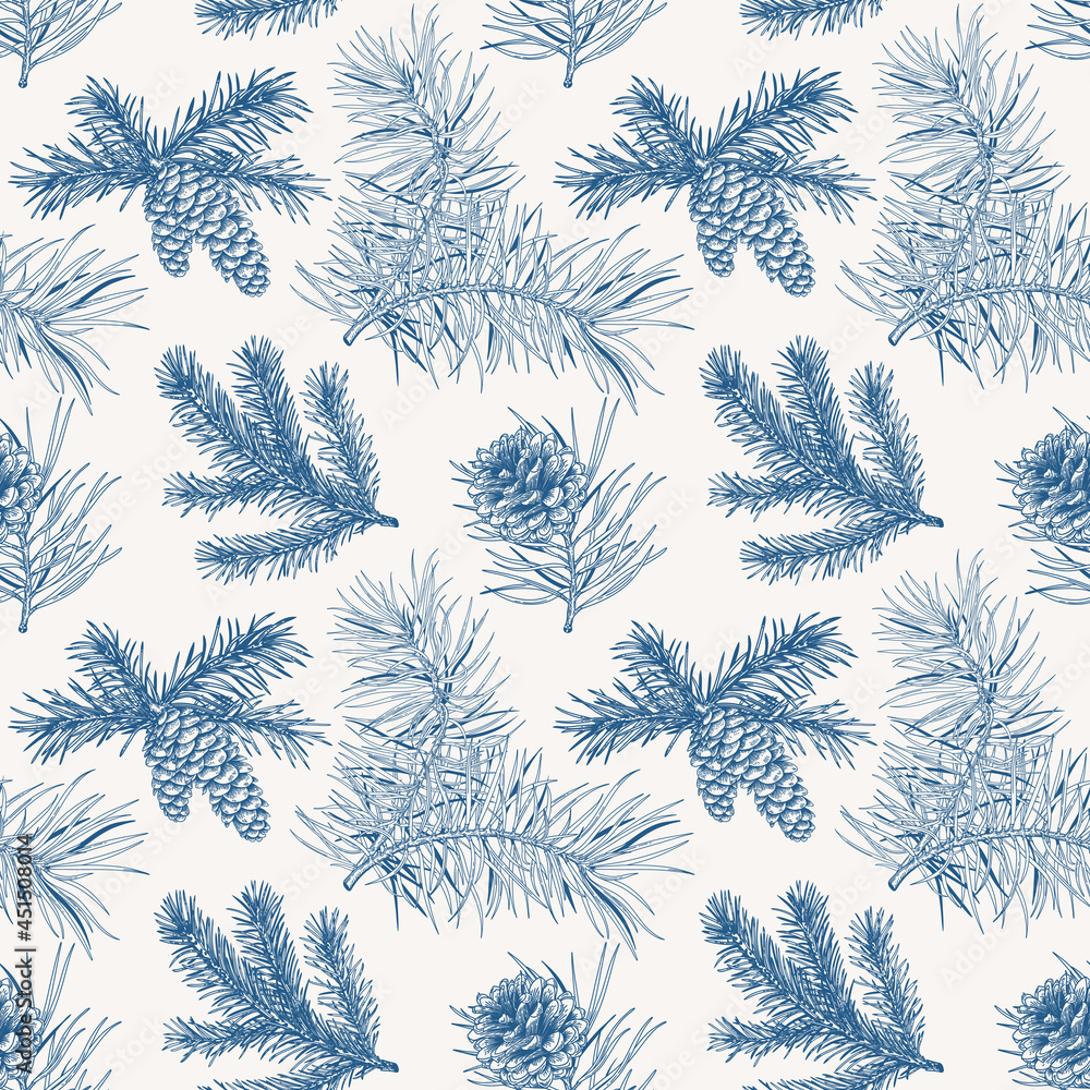 Botanical seamless pattern with fir and pine branches and cones. Blue and White.