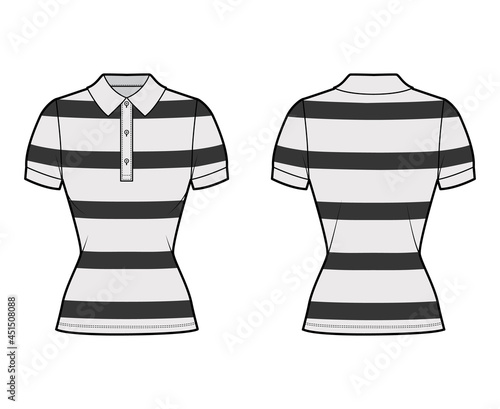 Shirt rugby stripes technical fashion illustration with short sleeves, tunic, fitted body, henley polo collar. Apparel top outwear template front, back, grey color style. Women, men, unisex CAD mockup