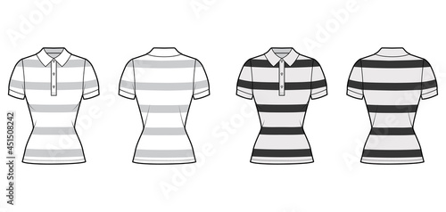 Shirt rugby stripes technical fashion illustration with short sleeves, tunic length,, fitted body, henley polo collar. Apparel template front, back, white, grey color style. Women, unisex CAD mockup