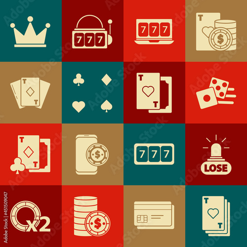 Set Playing card with heart, Casino losing, Game dice, Online slot machine lucky sevens jackpot, cards, diamonds, Crown and icon. Vector