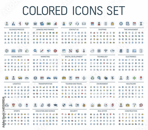 Vector illustration of colored business icons. Finance, shopping, communication technology, market, app develop, education and transport, healthcare, environment and security. Flat symbols set