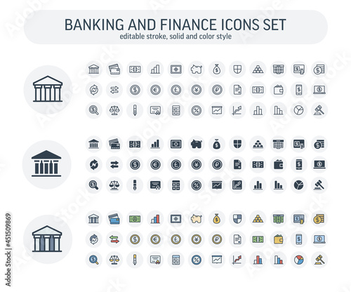 Vector editable stroke, solid, color style icons set. Illustration with banking and finance outline symbols. Bank, card, wallet, coin, safe, money bag, cash, dollar, euro, bitcoin thin line pictogram