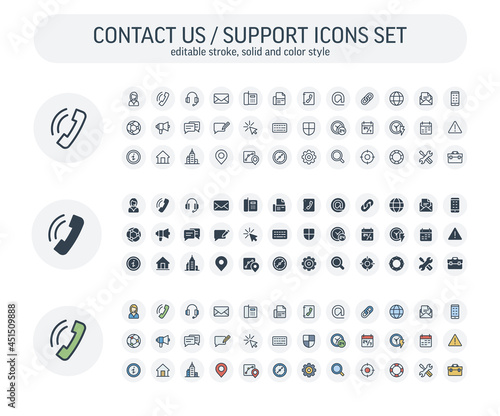 Vector editable stroke, solid, color style icons set. Illustration with contact us, technical support service outline symbols. Communication, client call, envelope, customer care thin line pictogram