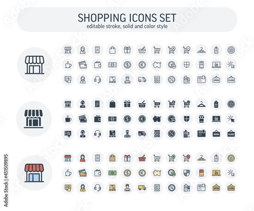 Vector editable stroke, solid, color style icons set. Illustration with shopping, e-commerce outline symbols. Internet market store, delivery, gift box, bag, payment, pay per click thin line pictogram