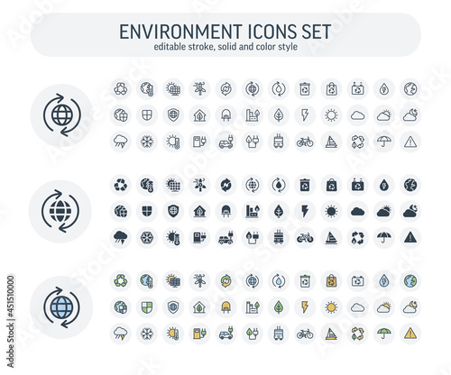 Vector editable stroke, solid, color style icons set. Illustration with environmental and ecology outline symbols. Eco, bio energy, wind power, recycle, electric car charge station thin line pictogram