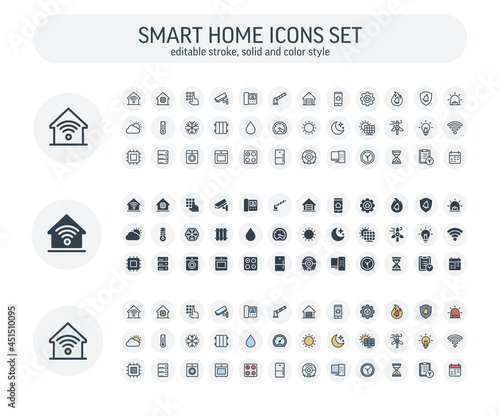 Vector editable stroke, solid, color style icons set. Illustration with home, smart house, outline symbols. Robot vacuum cleaner, device, security, wireless remote control system thin line pictogram