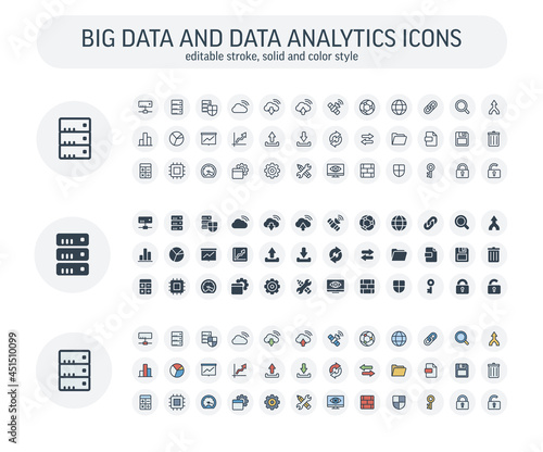 Vector editable stroke, solid, color style icons set. Illustration with big data and analytics technology outline symbols. Bigdata, database, seo, server, information security thin line pictogram photo