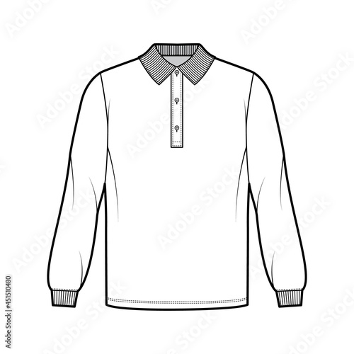 Shirt polo oversized technical fashion illustration with long sleeves, knit cuff, henley button collar. Apparel top outwear template front, white color style. Women, men, unisex CAD mockup