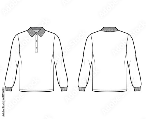 Shirt polo oversized technical fashion illustration with long sleeves, knit cuff, henley button collar. Apparel top outwear template front, back, white color style. Women, men, unisex CAD mockup