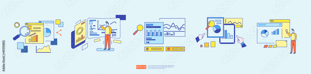 digital graph data for SEO analytics and strategic set. statistics information, financial audit report document, marketing research for business management concept. vector illustration for infographic