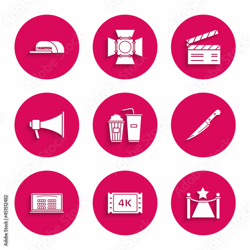 Set Popcorn and soda drink glass, 4k movie, tape, frame, Carpet with barriers star, Knife, Buy cinema ticket online, Megaphone, Movie clapper and Cap inscription director icon. Vector