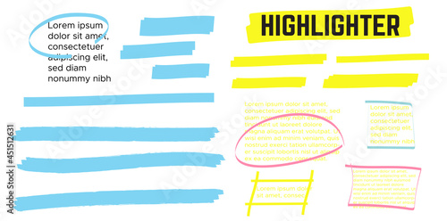 Yellow highlight marker lines. Highlighter strokes and drawing design. photo