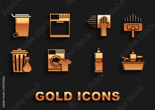 Set Washer and t-shirt, Vacuum cleaner, Plastic bottles for liquid dishwashing liquid, Trash can garbage bag, Cleaning service, and icon. Vector