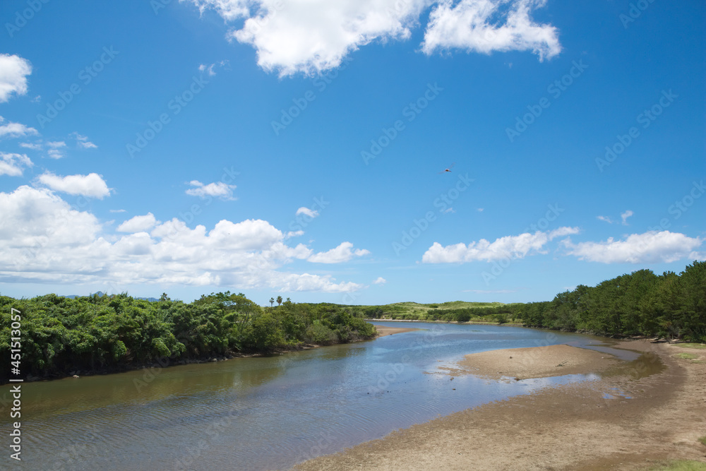 伊作川の河口周辺と夏の青空
