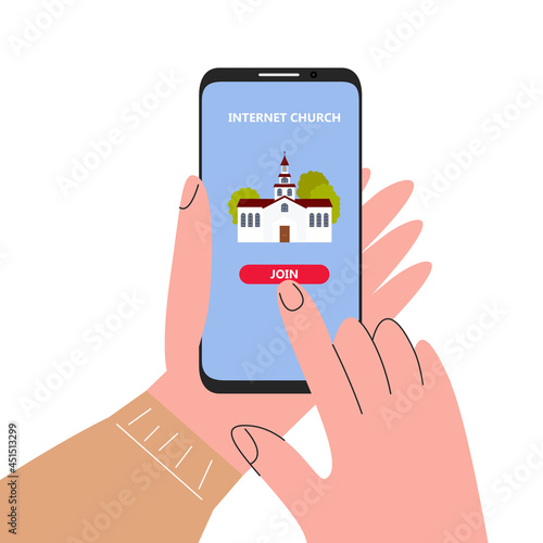 Person joining to internet church service with phone. Mobile app for live religious broadcast, conducting in distance. Video Call conference with parishioners online. Vector flat line illustration