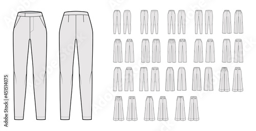 Set of Pants classic technical fashion illustration with low normal waist, high rise, full length, wide fitted legs, seam pockets. Flat trousers apparel template front, back, grey color. Women men CAD