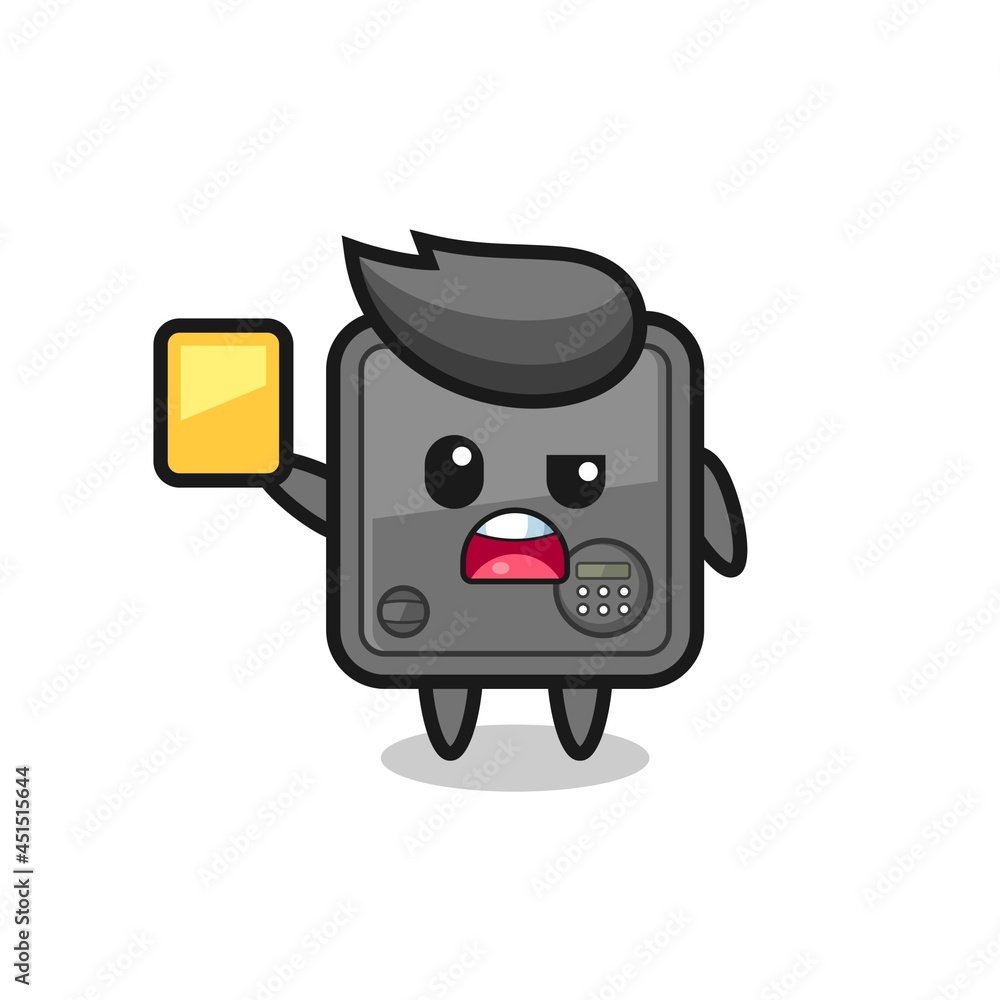 cartoon safe box character as a football referee giving a yellow card cartoon safe box character as a football referee giving a yellow card