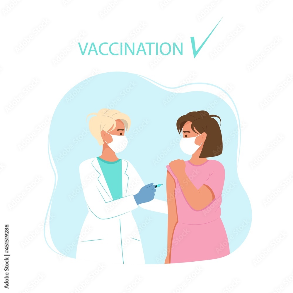 Doctor vaccinates a woman. Vaccination against coronavirus. Vector illustration in flat style. Doctor vaccinates a woman. Vaccination against coronavirus. Vector illustration in flat style.