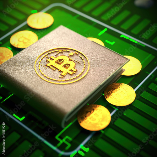 Fotografie 3d rendering of Virtual symbols of coins bitcoin wallet in binary code electronic circuits background